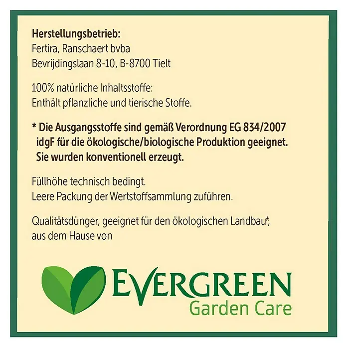 Substral Naturen Rasendünger - 10 kg, Max. Anwendungsfläche: 250 m² - Informationen zum Hersteller und Inhaltsstoffe des Evergreen Garden Care Produkts mit Evergreen Logo.