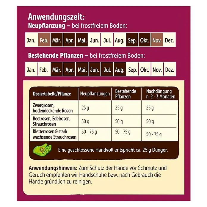 Substral Naturen Rosendünger - 1,7 kg, Passend für: 68 Pflanzen - Anwendungstabelle für Rosendünger mit Informationen zu Anwendungszeitpunkt, Dosierung und Anwendungshinweisen.