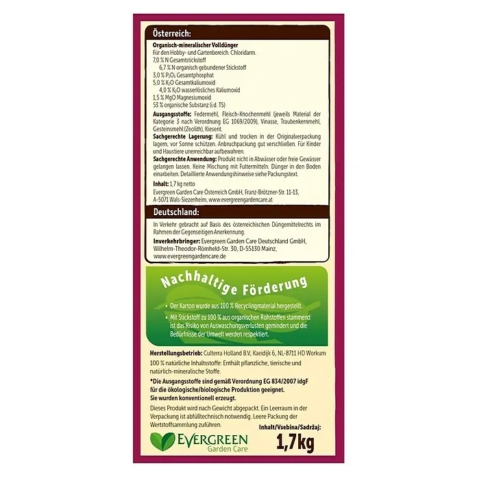 Substral Naturen Rosendünger - 1,7 kg, Passend für: 68 Pflanzen - Detailansicht der Evergreen Garden Care Düngerpackung mit Informationen zu Inhaltsstoffen und Anwendungshinweisen.