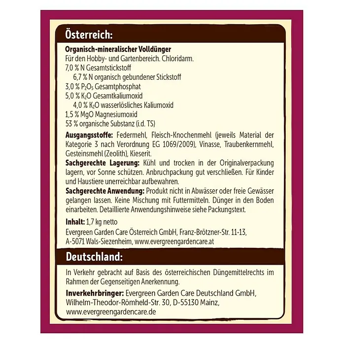 Substral Naturen Rosendünger - 1,7 kg, Passend für: 68 Pflanzen - Abbildung des Etiketts für den organisch-mineralischen Volldünger von Evergreen Garden Care aus Österreich und Deutschland.