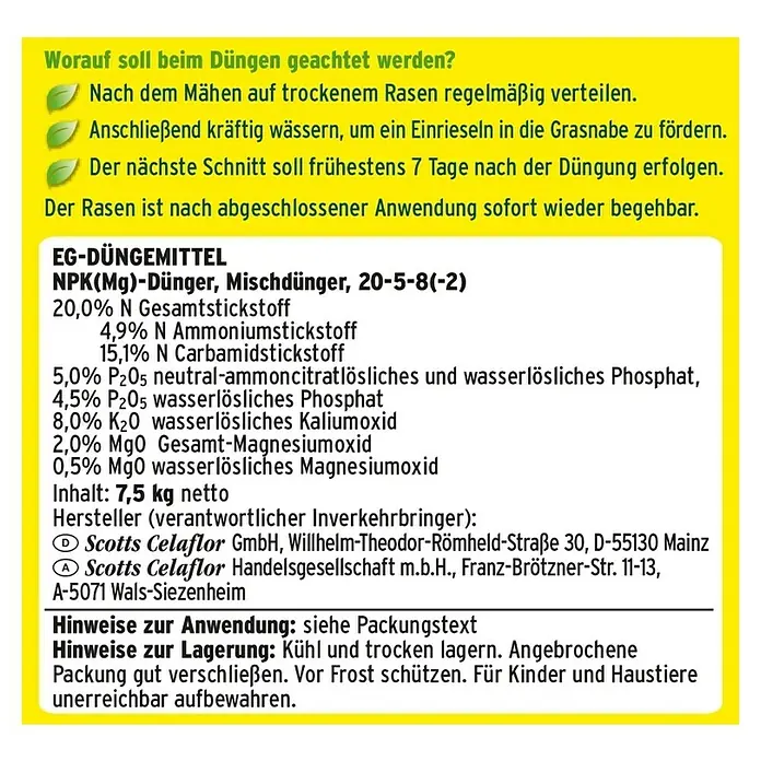 Substral Rasendünger - 7,5 kg, Max. Anwendungsfläche: 375 m² - Rasendünger-Produktetikett von Scotts Celaflor mit Angaben zu Inhaltsstoffen, Anwendung und Lagerung.