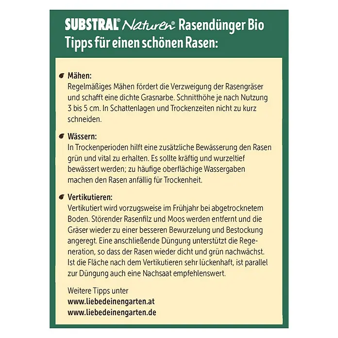 Substral Naturen Bio-Rasendünger - 2,8 kg, Max. Anwendungsfläche: 80 m² - Tipps für einen schönen Rasen mit SUBSTRAL Naturen Rasendünger Bio: Mähen, Wässern und Vertikutieren für einen gesunden, dichten Rasen.