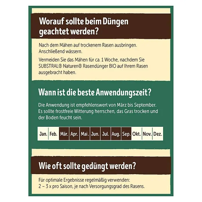 Substral Naturen Bio-Rasendünger - 2,8 kg, Max. Anwendungsfläche: 80 m² - Tipps zur Anwendung von SUBSTRAL Naturen Bio-Rasendünger: Zeitpunkt, Häufigkeit und Hinweise für optimales Rasenwachstum.