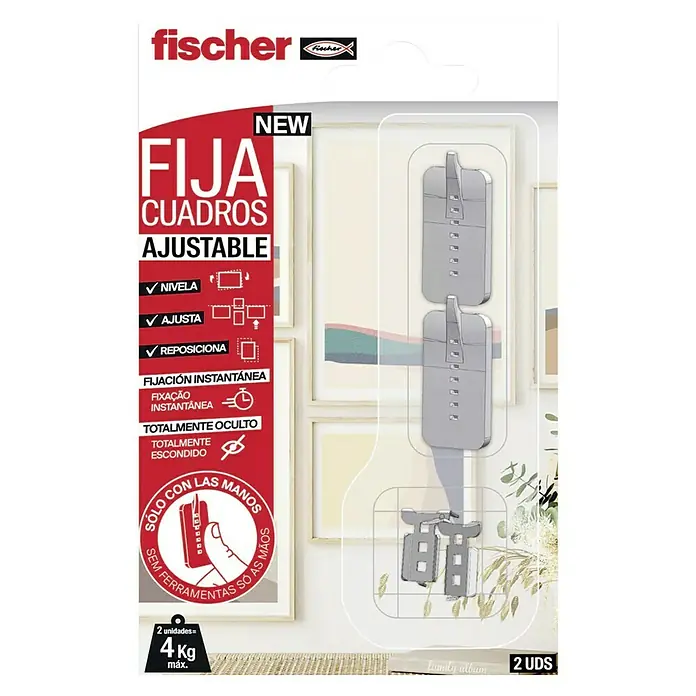 Fischer Gancho para colgar cuadros - Carga soportada: 2 kg, 2 ud. - Imagen de los colgadores para cuadros Fischer, ajustables, para colgar cuadros fácil y rápido sin herramientas. Hasta 4 kg.