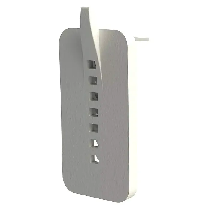 Fischer Gancho para colgar cuadros - Carga soportada: 2 kg, 2 ud. - Primer plano de un clip de montaje en pared impreso en 3D, rectangular y blanco, que muestra los mecanismos de fijación.