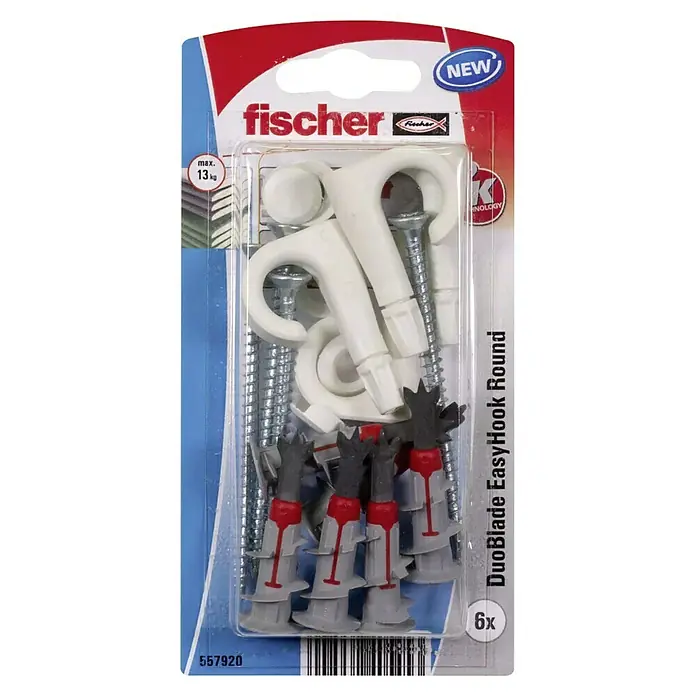 Fischer Duoblade Hembrilla abierta Easyhook - Ø x L: 6 x 44 mm, 6 ud. - Fischer DuoBlade EasyHook Round 6x: Fijación innovadora para instalaciones rápidas y seguras en placas de yeso, con sujeción fiable.