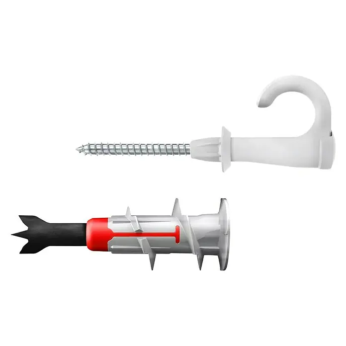 Fischer Duoblade Hembrilla abierta Easyhook - Ø x L: 6 x 44 mm, 6 ud. - Una mirada a los anclajes: un anclaje de gancho de tornillo blanco y un anclaje para paneles de yeso autoperforante con un collar rojo se muestran sobre un fondo negro.