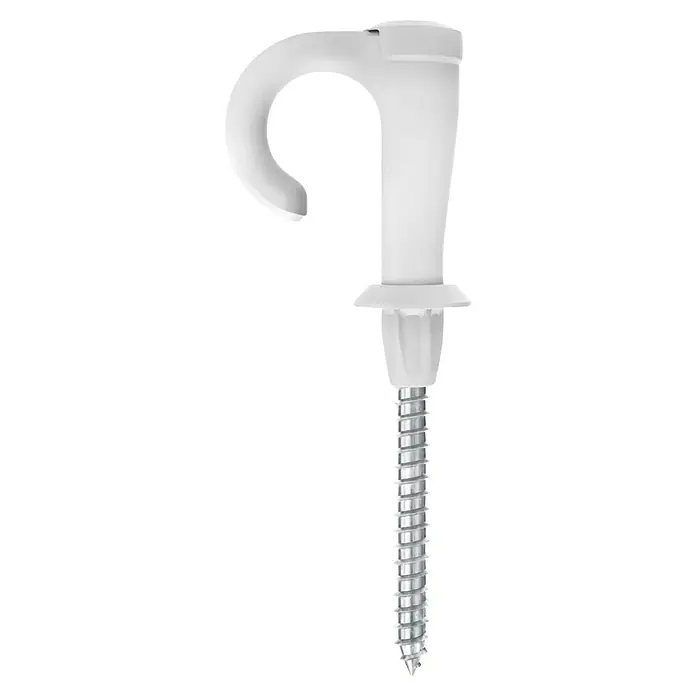 Fischer Duoblade Hembrilla abierta Easyhook - Ø x L: 6 x 44 mm, 6 ud. - Primer plano de un gancho de armario blanco con tornillo para montaje en pared, ideal para guardar chaquetas y accesorios.