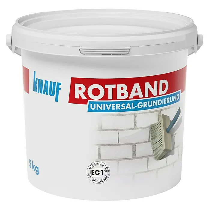 Knauf Rotband Grundierung - 5 kg - Abbildung eines 5kg Eimers Knauf Rotband Universal-Grundierung, ideal für Mauerwerk.