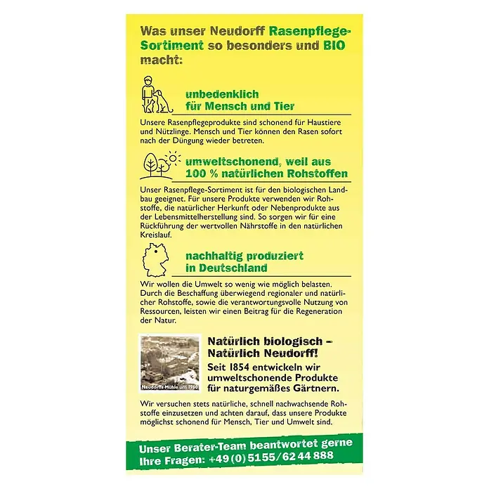 Neudorff Terra Preta Bodenverbesserer - 10 kg - Informationen zu Neudorff Rasenpflegeprodukten: Bio, sicher für Mensch und Tier, umweltfreundlich, nachhaltig produziert und seit 1854 entwickelt.