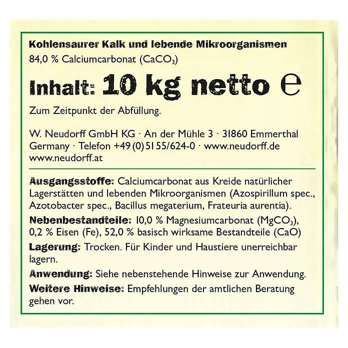 Neudorff Azet Garten- & Rasenkalk - 10 kg, Max. Anwendungsfläche: 200 m² - Aufdruck einer Verpackung von "Kohlensaurer Kalk", einem Produkt mit Calciumcarbonat und lebenden Mikroorganismen.