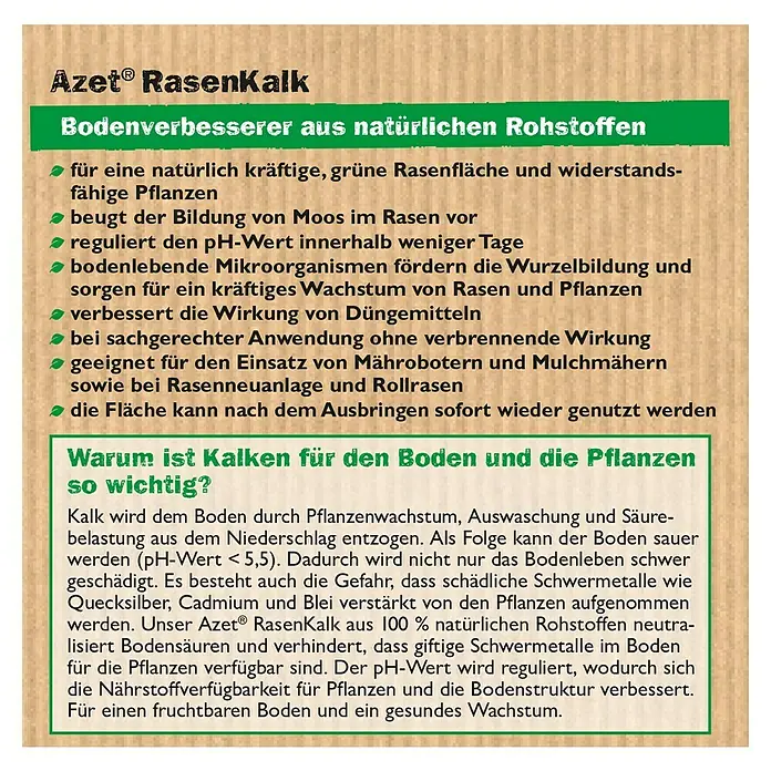 Neudorff Azet Garten- & Rasenkalk - 10 kg, Max. Anwendungsfläche: 200 m² - Azet Rasenkalk Bodenverbesserer: Für kräftigen Rasen, reguliert pH-Wert, fördert Wachstum, geeignet für Mähroboter. Sofort nutzbar nach Ausbringung.