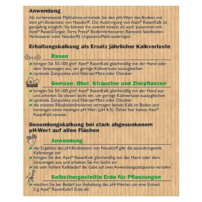 Neudorff Azet Garten- & Rasenkalk - 10 kg, Max. Anwendungsfläche: 200 m² - Informationen zur Anwendung von Azet RasenKalk: Dosierung, Anwendungszeitpunkte für Rasen, Gemüse und selbstgemachte Erde.