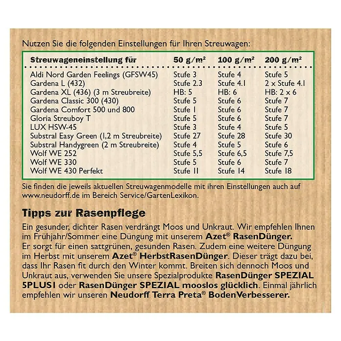 Neudorff Azet Garten- & Rasenkalk - 10 kg, Max. Anwendungsfläche: 200 m² - Anleitung zum Einstellen von Streuwagen für verschiedene Produkte, um eine optimale Rasenpflege zu gewährleisten.