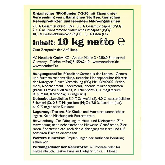 Neudorff Azet Rasendünger - 10 kg, Max. Anwendungsfläche: 200 m² - Etikett des organischen NPK-Düngers 7-3-10 mit Eisen von Neudorff, mit Inhaltsangabe, Anwendungshinweisen und Herstellerinformationen.