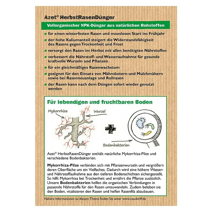Neudorff Azet Herbstrasendünger - 10 kg, Max. Anwendungsfläche: 200 m² - Abbildung des Azet® HerbstRasenDüngers, ein vollorgansicher NPK-Dünger, der für einen winterfesten Rasen sorgt und die Widerstandsfähigkeit steigert.