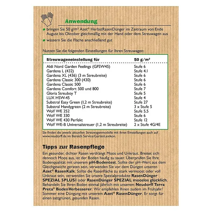 Neudorff Azet Herbstrasendünger - 10 kg, Max. Anwendungsfläche: 200 m² - Anleitung zur Verwendung von Azet Herbstrasendünger, mit Streuwageneinstellungen und Tipps zur Rasenpflege für einen gesunden Rasen.