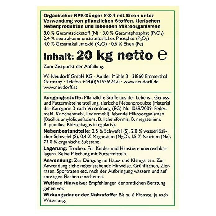 Neudorff Azet Rasendünger20 kg, Inhalt ausreichend für ca.: 400 m² Back View