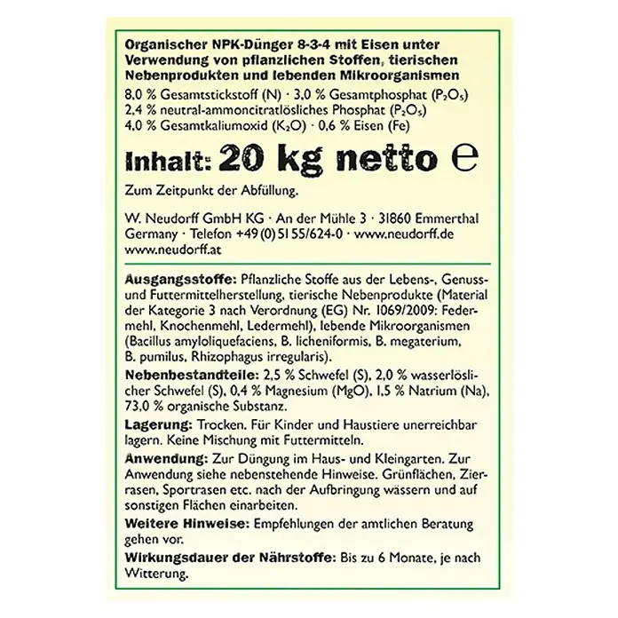 Neudorff Azet Rasendünger - 20 kg, Max. Anwendungsfläche: 400 m² - Nahaufnahme des Etiketts eines Neudorff NPK-Düngers 8-3-4 mit Eisen, der Inhaltsstoffe und Anwendungshinweise beschreibt.