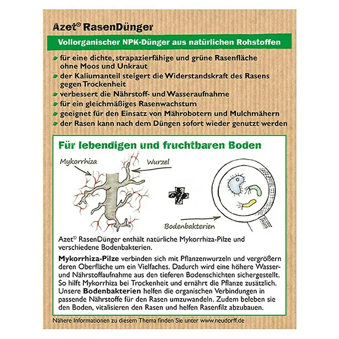Neudorff Azet Rasendünger - 20 kg, Max. Anwendungsfläche: 400 m² - Azet RasenDünger: Vollorganischer NPK-Dünger für dichte, grüne Rasenflächen, stärkt die Widerstandskraft und verbessert die Nährstoffaufnahme.