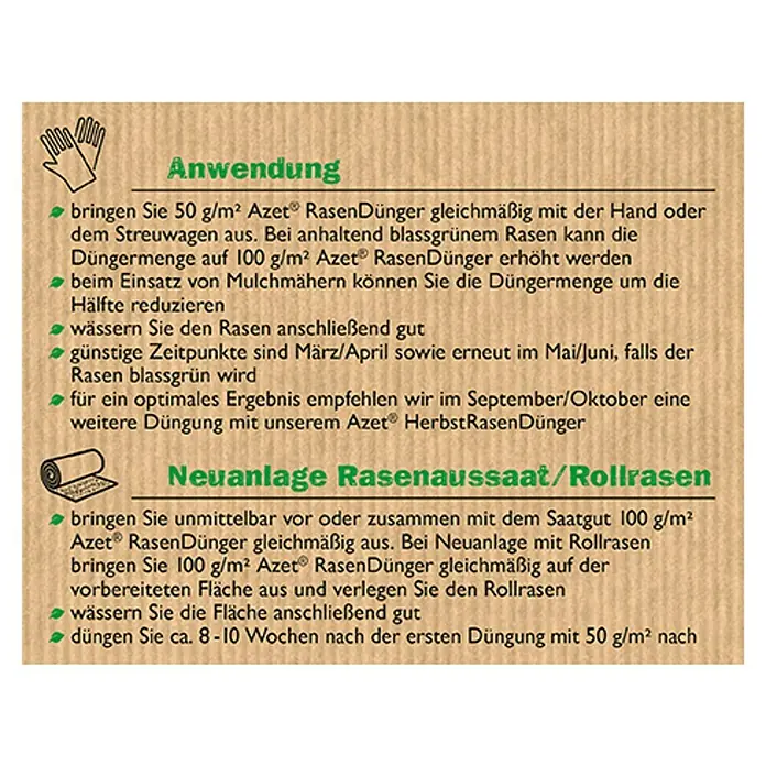 Neudorff Azet Rasendünger - 20 kg, Max. Anwendungsfläche: 400 m² - Anleitung zur Rasenpflege mit Azet Rasendünger, inklusive Anweisungen für Neuanlagen und Rollrasen, sowie Hinweise zur Düngermenge und Zeitpunkt.