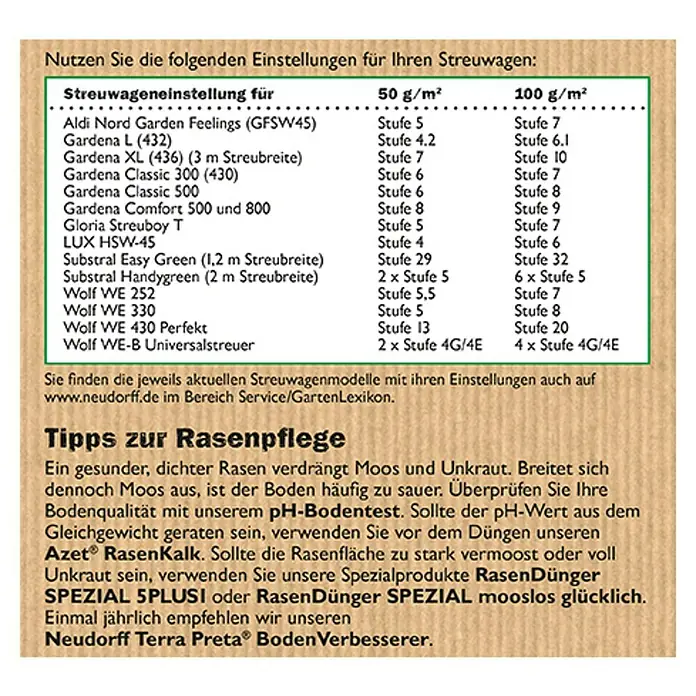 Neudorff Azet Rasendünger - 20 kg, Max. Anwendungsfläche: 400 m² - Tabelle mit empfohlenen Einstellungen für Neudorff Streuwagen, um eine gleichmäßige Ausbringung von Rasenpflegeprodukten zu gewährleisten.