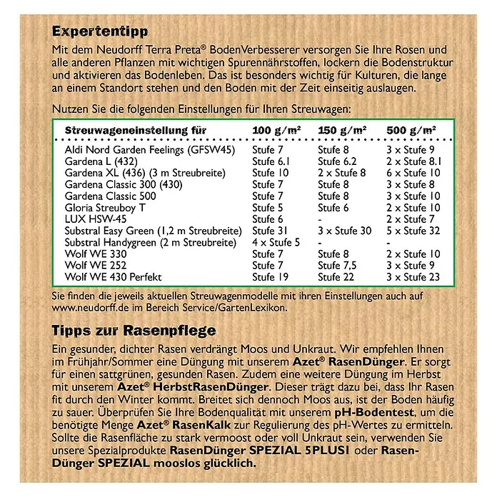 Neudorff Terra Preta Bodenverbesserer - 10 kg - Produktdetails: Detaillierte Anweisungen zur Verwendung von Neudorff Terra Preta® Bodenverbesserer für Rosen und andere Pflanzen.