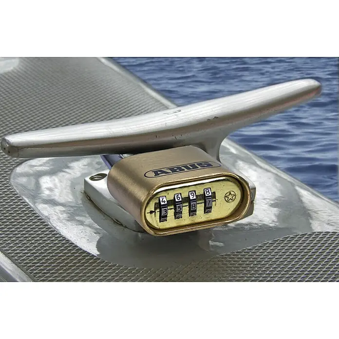 Abus Vorhängezahlenschloss 180IB/50 HB63 - B x L: 52 x 24 mm, Messing, Anzahl Zahlenrollen: 4 Stk., Messing - ABUS Zahlenschloss sichert einen Bootsanlegepunkt und bietet Schutz vor unbefugtem Zugriff auf dem Wasser.