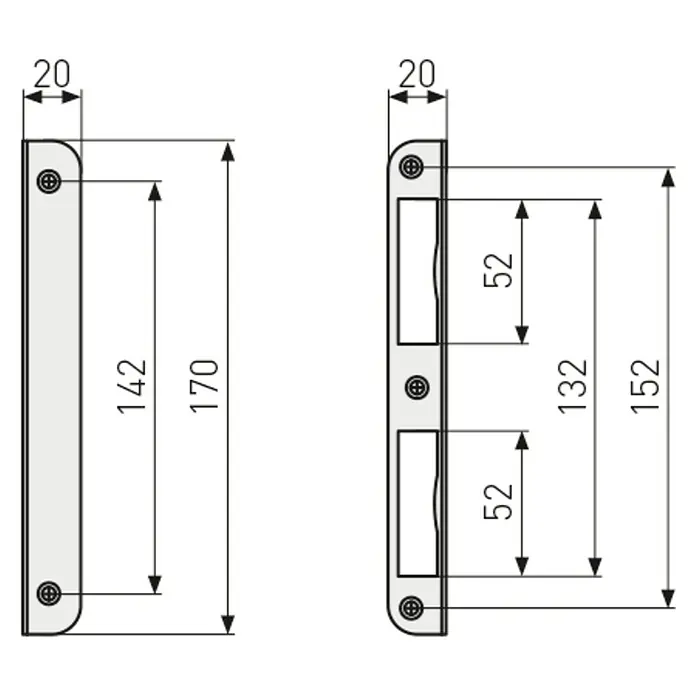 Abus Winkelschließblech WSB 170 - DIN Anschlag: Universell einsetzbar, L x B x H: 25 x 25 x 300 mm - Technische Zeichnung eines Türgriffs mit Maßangaben, inklusive Breite (20mm), Gesamthöhe (170mm) und Befestigungsabstand (142mm).