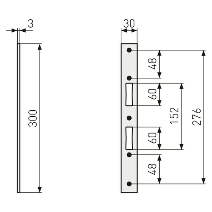 Abus Schließblech SB - 300 x 30 x 3 mm, Silber - Technische Zeichnung eines Türschlosses mit Maßangaben zu Länge, Breite und Position der Aussparungen.