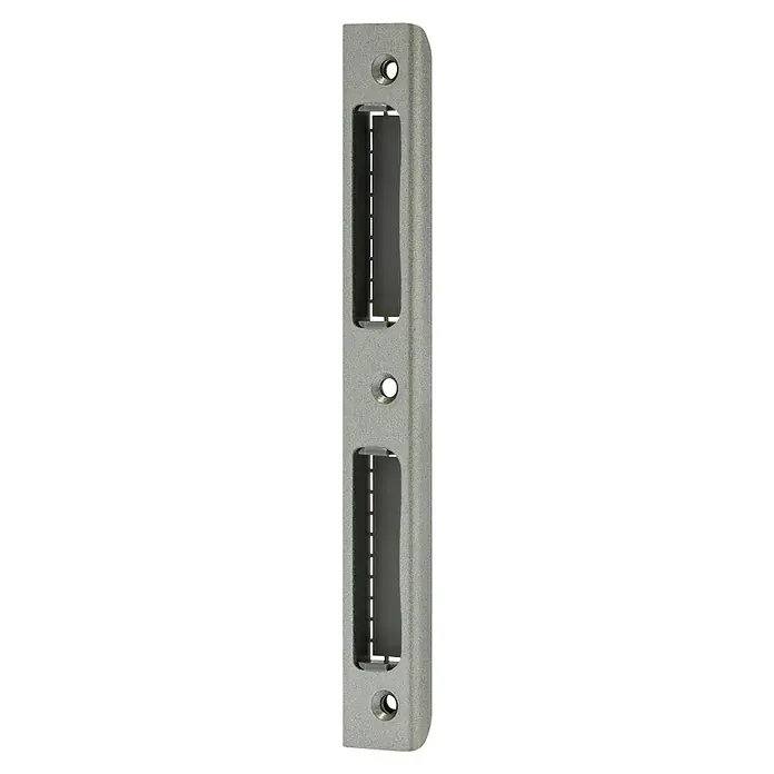 Abus Winkelschließblech WSB 170DIN Anschlag: Universell einsetzbar, L x B x H: 20 x 8 x 170 mm - Nahaufnahme einer silbernen Türklinke mit schwarzem Griff und sichtbaren Schrauben, die eine robuste und moderne Bauweise zeigt.