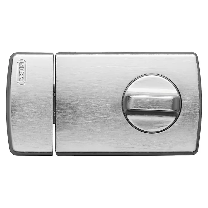 Abus Zusatzschloss 2110Geeignet für: Nach innen öffnende Eingangstüren, Silber, Universell einsetzbar - Nahaufnahme eines ABUS-Türriegelschlosses aus gebürstetem Metall, das Sicherheit und Stil vereint.