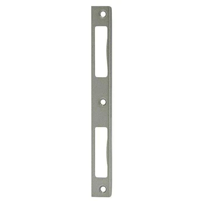 Abus Winkelschließblech WSBHT190 - DIN Anschlag: Universell einsetzbar, L x B x H: 8 x 20 x 190 mm, Silber - Nahaufnahme einer silbernen Türschlossfalle mit Schraubenlöchern und Aussparungen, die ein klares und funktionales Design zeigt.