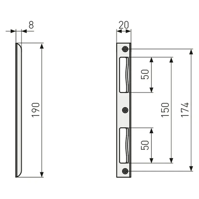 Abus Winkelschließblech WSBHT190 - DIN Anschlag: Universell einsetzbar, L x B x H: 8 x 20 x 190 mm, Silber - Technische Zeichnung eines Türbeschlags mit Maßen. Die Abmessungen sind in Millimetern angegeben.