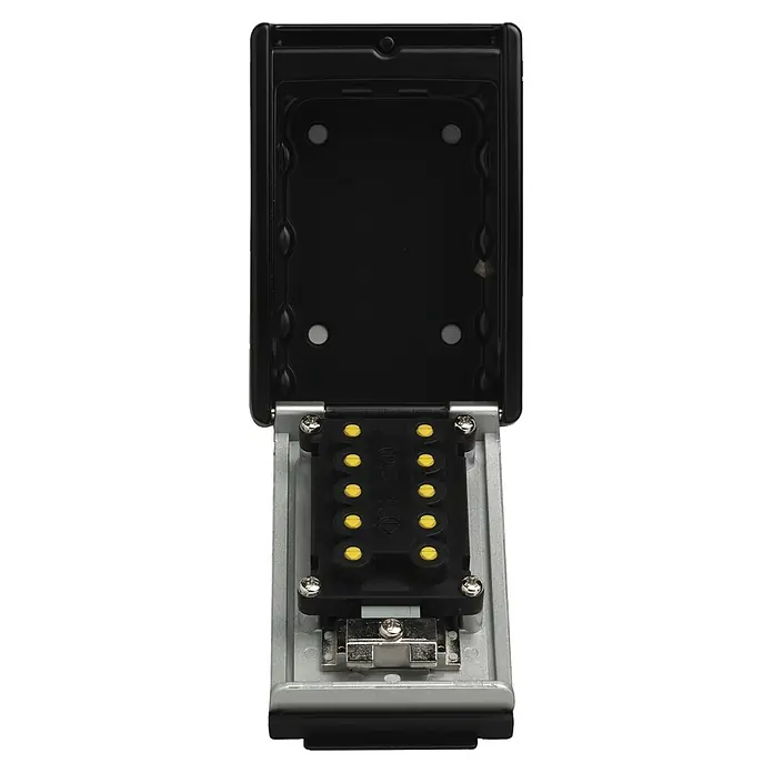 Abus Schlüsselbox Key Garage 767 - Geeignet für: Schlüssel, L x B x H: 45 x 80 x 120 mm - Nahaufnahme eines geöffneten Schlüsseltresors mit Kombinationsschloss, ideal für die sichere Schlüsselaufbewahrung im Außenbereich.