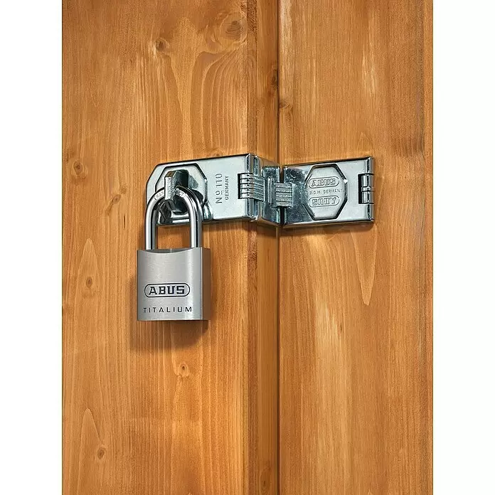 Abus Vorhängeschloss Titalium 80TI/50 Gleichschließend - B x H: 50 x 93 mm, Bügelstärke: 10 mm, Material Bügel: Gehärteter Spezialstahl - Silbernes ABUS TITALIUM Vorhängeschloss und passende Metallschließe sichern zwei hellbraune Holzpaneele.