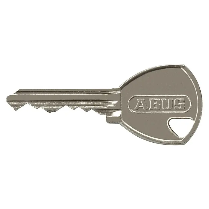 Abus Vorhängeschloss Titalium 80TI/50 Gleichschließend - B x H: 50 x 93 mm, Bügelstärke: 10 mm, Material Bügel: Gehärteter Spezialstahl - Nahaufnahme eines ABUS Schlüssels aus Metall mit gezacktem Profil und dem ABUS-Logo auf dem Schlüsselkopf.