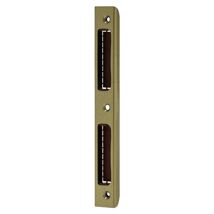 Abus Winkelschließblech W170 LI/REGODIN Anschlag: Universell einsetzbar, L x B x H: 20 x 8 x 170 mm - Nahaufnahme einer goldenen Türplatte mit zwei dunklen, vertikalen Türgriffen und Schrauben.