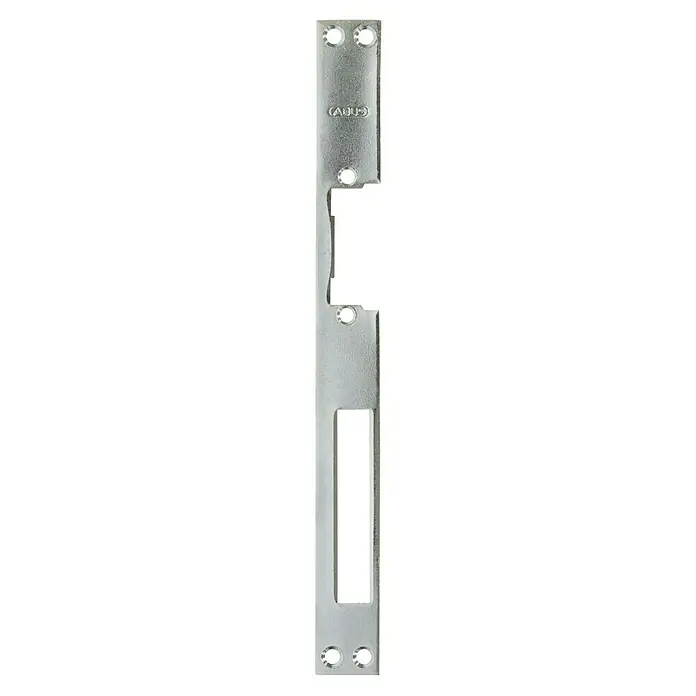 Abus Winkelschließblech F250DIN Anschlag: Universell einsetzbar, L x B x H: 3 x 25 x 250 mm - Nahaufnahme einer ABUS Schließblechs, einem Sicherheitsprodukt, das Einbruchschutz bietet. Silberne Oberfläche mit Aussparungen und Löchern für die Montage.