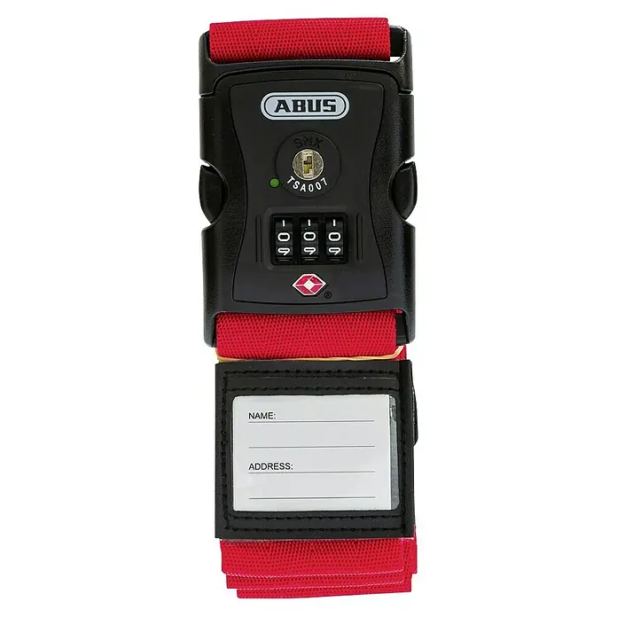 Abus Zurrgurt 620 TSA - Länge: 192 cm, Anzahl Zahlenrollen: 3 Stk., Rot - Gepäckgurt mit Zahlenschloss und Adressanhänger. Der ABUS Gurt sichert das Gepäck mit dreistelliger Zahlenkombination und TSA-Funktion.