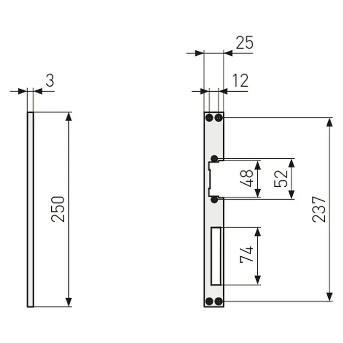 Abus Winkelschließblech F250 - DIN Anschlag: Universell einsetzbar, L x B x H: 3 x 25 x 250 mm - Darstellung eines schematischen Aufrisses eines Türschlosses mit Maßen, ideal für Planungszwecke und zur Montageanleitung.