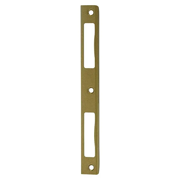 Abus Winkelschließblech WSBHT190 - DIN Anschlag: Universell einsetzbar, L x B x H: 8 x 20 x 190 mm, Gold - Nahaufnahme einer goldenen Türschlossfalle mit Löchern und Aussparungen, die für die Montage und den Betrieb des Türschlosses vorgesehen sind.