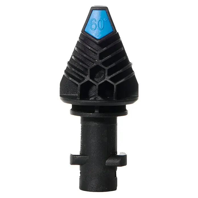Ava Flachstrahldüse - Winkel: 60 °, Passend für: Ava Hochdruckreiniger P70-80 - Detailaufnahme einer 60°-Sprühdüse für Hochdruckreiniger, schwarz mit blauem Akzent. Robuste Bauweise für effektive Reinigung.