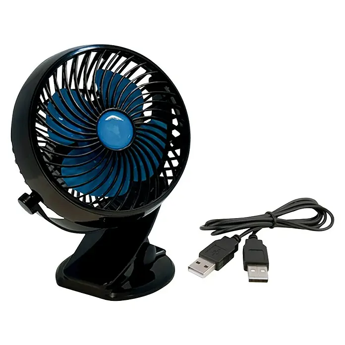 Starlyf Tischventilator Fast Fan - Schwarz/Blau - Schwarzer USB-Ventilator mit blauen Rotorblättern und USB-Kabel für den Schreibtisch.