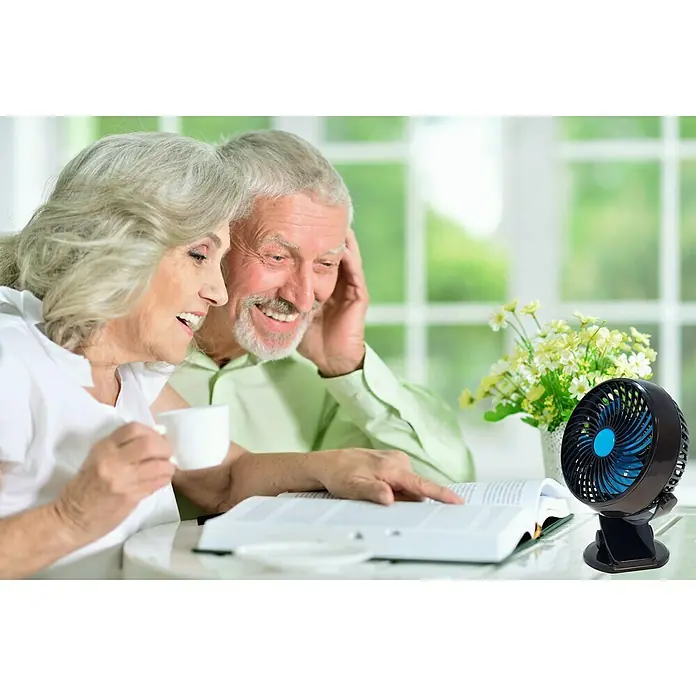 Starlyf Tischventilator Fast Fan - Schwarz/Blau - Tragbarer Tischventilator in Schwarz mit blauen Akzenten, ideal zur Kühlung und als angenehme Brise beim Lesen.