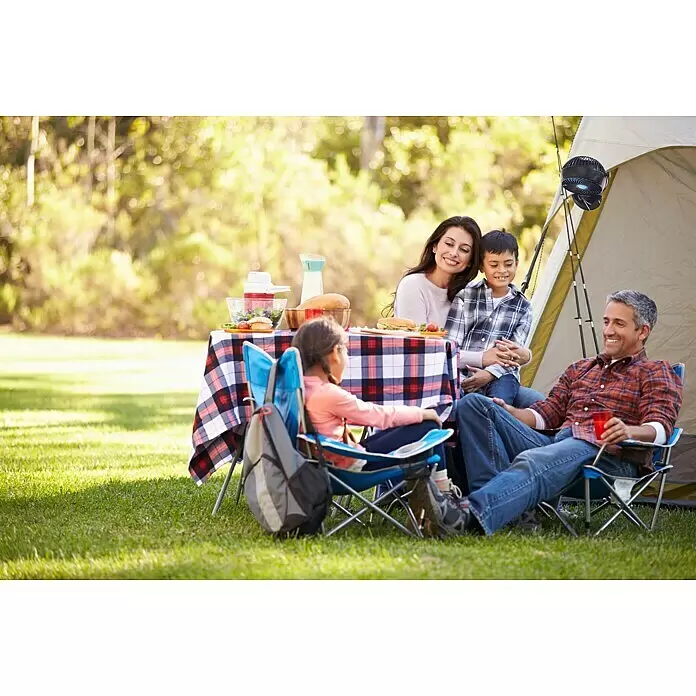 Starlyf Tischventilator Fast Fan - Schwarz/Blau - Kleiner schwarzer tragbarer Ventilator, an einem Zelt befestigt, kühlt eine Familie beim Camping.