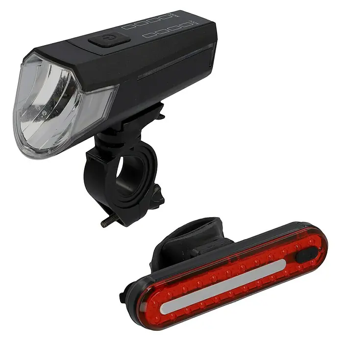Fischer LED-Akkuleuchten-SetBremslicht, 20 lx - 80 lx, 5 -tlg. - Fahrradbeleuchtungsset: Eine Frontleuchte mit Halterung und eine Rückleuchte mit rotem Licht für bessere Sichtbarkeit im Straßenverkehr.