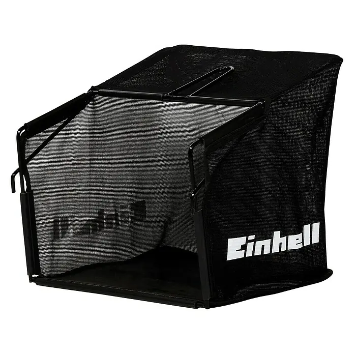 Einhell Fangsack GC-ES/SA 1231/1 & GC-SC 36/31 Li - Passend für: Einhell Elektro-Vertikutierer GC-ES 1231/1, Elektro-Vertikutierer-Lüfter GC-SA 1231/1 und GC-SC 36/31 Li - Produktbild eines Einhell Grasfangkorbs aus schwarzem Netzmaterial mit weißem Einhell-Logo, ideal für Rasenmäher.