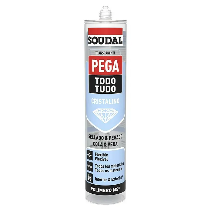 Soudal Adhesivo para montaje Pega Todo - 290 ml - Cartucho de sellador Soudal Pega Todo Tudo Cristalino. Este adhesivo transparente es apto para aplicaciones interiores y exteriores.