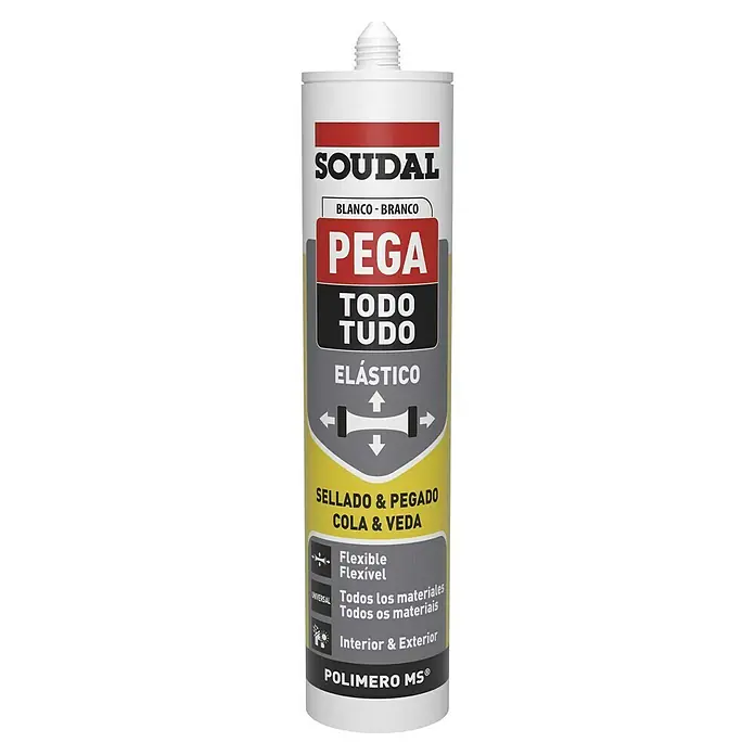 Soudal Adhesivo para montaje - Blanco, 290 ml - Un tubo de Soudal PEGA Todo Tudo, un adhesivo universal elástico para aplicaciones interiores y exteriores, basado en la tecnología MS Polímero.